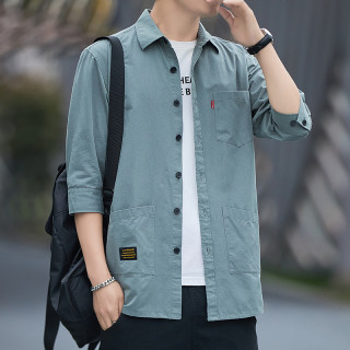 高档男士夏季七分袖衬衫休闲百搭薄款纯棉衬衣外套