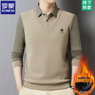 罗蒙 高档休闲长袖男士加绒加厚假两件Polo衫翻领T恤保暖时尚上衣