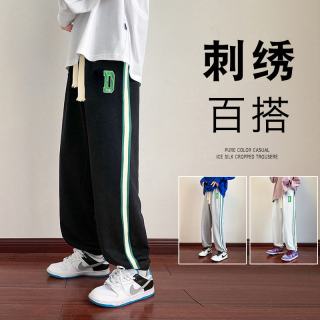 字母刺绣百搭侧边撞色休闲长裤条纹潮流学生个性格子大码运动裤