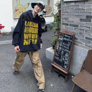 美式藏青色无口袋连帽卫衣男女秋冬季字母印花宽松休闲上衣