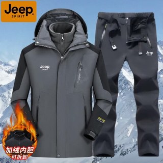 JEEP SPIRIT 吉普三合一软壳冲锋衣裤套装男女2026春秋冬季加绒可拆卸登山服 深灰上衣+灰色长裤 L