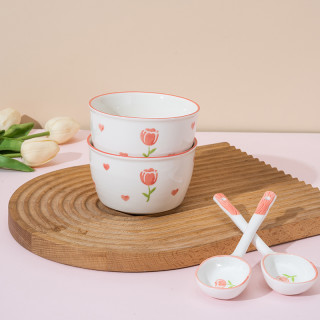 郁金香米饭吃饭碗陶瓷手绘釉下彩餐具家用饭碗面碗4.5英寸2碗2勺