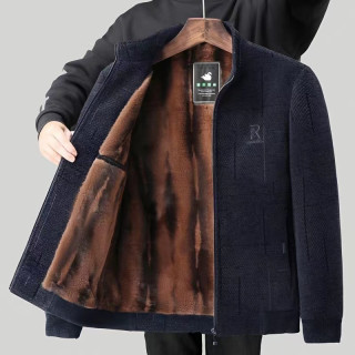 秋冬季男士加绒加厚雪尼尔外套中老年高档毛呢大衣老年人保暖棉衣