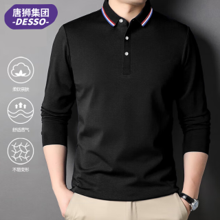 DESSO 唐狮集团POLO衫长袖翻领T恤春秋款宽松男女情侣款休闲 黑色 XL （建议130-145斤）