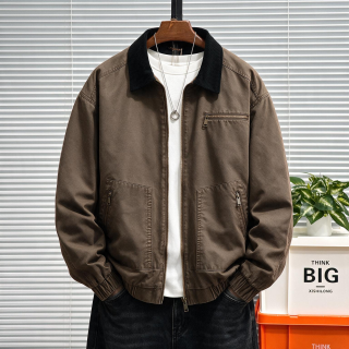择肯 男士夹克外套宽松大码工装底特律春秋季潮流休闲百搭上衣服男装 咖啡色 L (140斤左右)