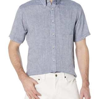Brooks Brothers 布克兄弟 短袖亚麻运动衬衫 纯色 有领 短袖 标准版型 Denim Blue 尺码Large
