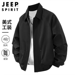 JEEP SPIRIT 吉普夹克男春秋季美式工装外套男士复古翻领男装 黑色 XL