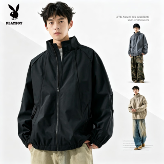 PLAYBOY 冲锋夹克男款2026秋冬款轻量化户外立领美式潮流廓形防风男士外套