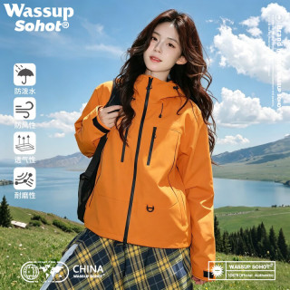 Wassup Sohot 冲锋衣男女秋季防风连帽夹克男情侣户外登山外套男装 金沙桔 XL
