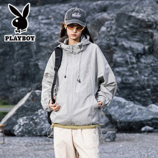 PLAYBOY 秋季新款双层防风防水冲锋衣夹克男女款户外徒步登山情侣运动外套 远山灰 XL