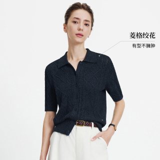 navigare 小帆船时尚莱赛尔针织衫女蓝色翻领短袖上衣