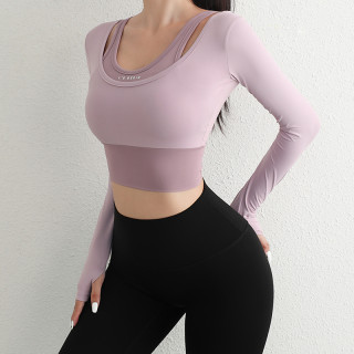 九麦一品 CX8009带胸垫健身服女紧身运动假两件瑜伽运动上衣训练速干长袖