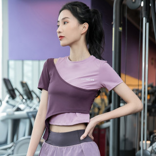 健身衣女夏季薄款短袖运动上衣时尚撞色短款瑜伽服户外速干跑步服