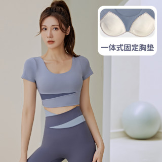 卡瓦杰 瑜伽服女短袖带胸垫跑步健身运动速干上衣显瘦紧修身夏款