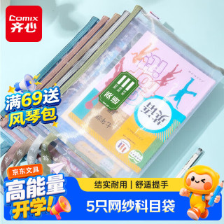 齐心 单层网纱 学科目分类袋 5只-语数英综作