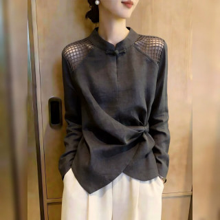 叶紫枫 法式圆领收腰衬衫女春秋新款时尚百搭绑带显瘦气质上衣女减龄小衫 深灰色 XL
