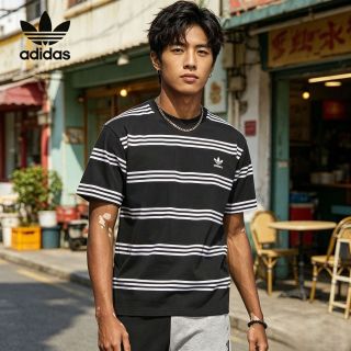 adidas 官方正品三叶草新款男士条纹透气短袖T恤IL4703
