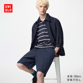 优衣库 481584 弹力舒适条纹泡泡纱短裤 藏青色 M