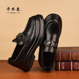 中年软底一脚蹬增高真皮夏季乐福鞋男黑色透气休闲小牛皮鞋英伦风