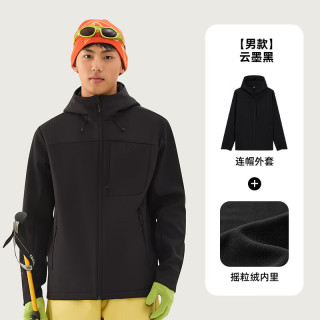 探拓 户外男士加绒软壳衣秋冬防风防泼水徒步登山连帽外套