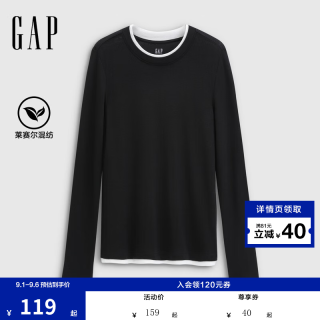 Gap 女装秋季莱赛尔混纺撞色假两件圆领修身长袖T恤792656 黑色 S (160/84A)亚洲尺码