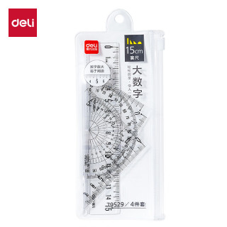 得力 酷黑款15cm4件套套尺易读取刻度清晰携带便捷学生直尺量角器三角尺必备学生必备文具