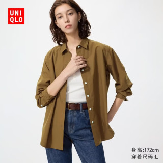 优衣库 全棉衬衫/长袖女装衬衣休闲通勤外套新款482828 491294 491294/35浅褐色 M