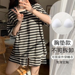 睡衣女夏季宽松甜美短袖带胸垫家居服2026年新款高颜值大码套装