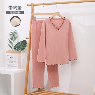 棉质睡衣女士秋冬季长袖套头款带胸垫可外穿罩杯一体化家居服套装