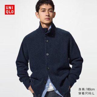 优衣库 souffle yarn舒芙蕾针织开衫/长袖男装/毛衣毛衫外套487942 69 藏青色 L