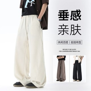 月伊纺 新中式男夏季休闲裤男裤宽松直筒长裤青年仿麻老钱风垂感休闲裤