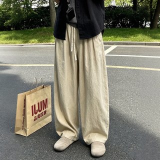 月伊纺 夏季新款棉麻休闲裤男宽松直筒高街长裤青年大码百搭弯刀裤亚麻裤