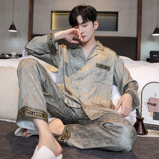 JaetinWsinn夏天睡衣男款春秋款冰丝2025年新款长袖夏季空调房开衫家居服套装 21513
