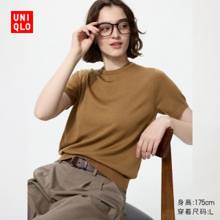 优衣库 精纺美利奴羊毛圆领针织衫/短袖女装T恤通勤休闲百搭485306 485306/34驼色