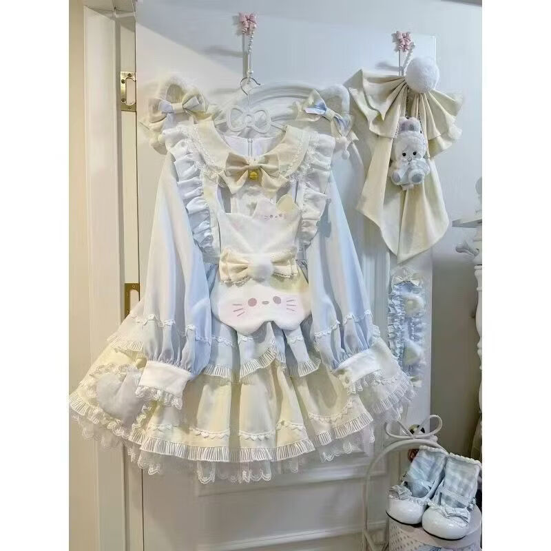 闪动少女 蓝黄长袖连衣裙+围裙 均码 Lolita洛丽塔