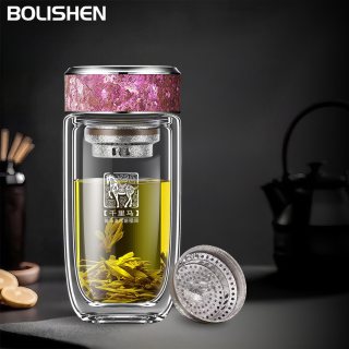 博力神 高端钛杯茶水分离鹅蛋玻璃杯定制生肖双层隔热大容量水杯