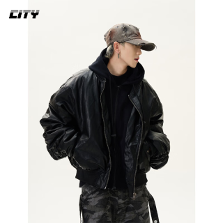CITY HIPSTER 美式重磅bomber假两件Pu皮棉服男士冬季宽松痞帅加厚上衣外套 黑色