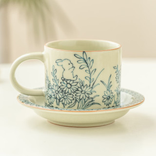 茉舟 汝窑向阳花萌兔咖啡杯精致拉花杯拿铁杯中式陶瓷喝茶杯马克杯 御黄汝窑向阳花萌兔_咖啡杯+碟
