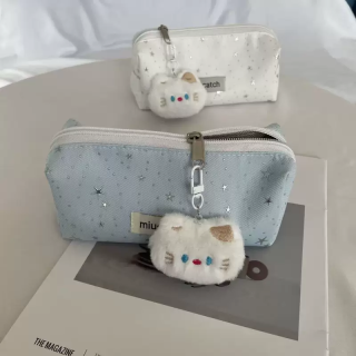 TLXT 可爱简约笔袋大容量文具学生铅笔盒收纳袋便携 (蓝)加猫咪挂件笔袋