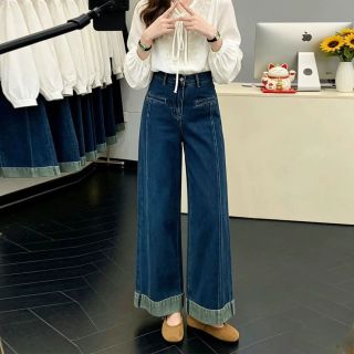 蝴蝶曼 深蓝色拼接阔腿牛仔裤女秋季高街胖mm小个子高腰宽松显瘦九分裤子 深蓝色 XS