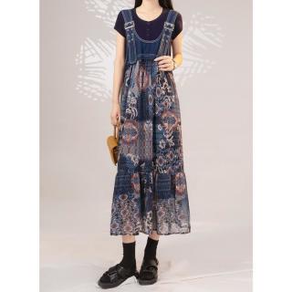 白鹿语 夏季休闲无弹牛仔拼接碎花大裙摆女式连衣裙