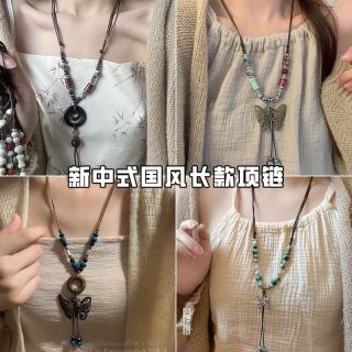 合金项链 蝴蝶新中式项链复古风气质编织绳毛衣链长款民族风饰品