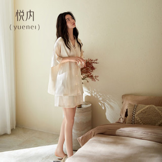 悦内 睡衣女款夏季夏天冰丝绸短袖短裤家居服薄款休闲又时尚高级感套装