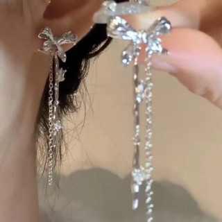 炫酷派对 银色长款流苏蝴蝶结水钻耳钉女小众设计感高级耳环气质耳饰新款潮