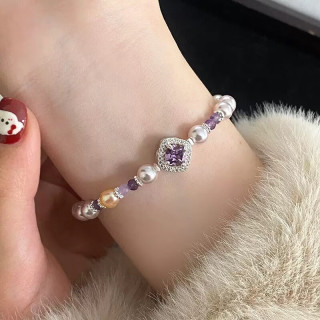 花饰庄园 玫瑰紫珍珠手链轻奢感小众方糖锆石手串女新中式串珠手饰 紫锆曼塔玫瑰金珍珠手链