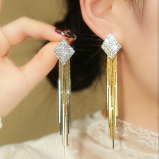 铜合金耳饰 金色菱形2026流苏长款耳环百搭轻奢气质时尚耳饰1644