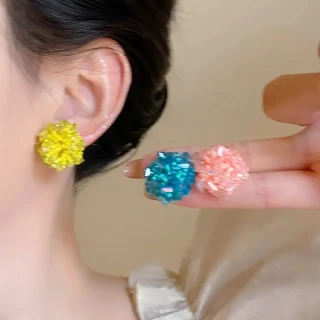 合金树脂耳饰 时尚冰清蓝芙蓝色编织串珠耳钉小众度假耳环品百搭