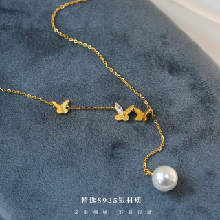 丽沁 链子925银仿珍珠 蝴蝶流苏项链气质时尚百搭简约仙女颈链