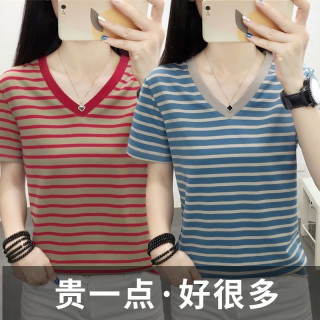 棉质新款夏季条纹女士v领t恤短袖加大码宽松显瘦中年妈妈打底衫女