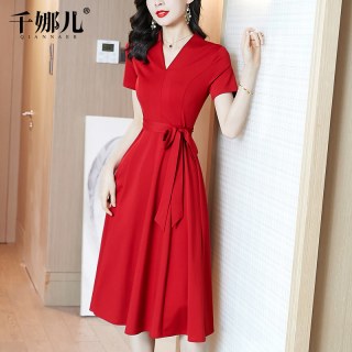 红色长裙连衣裙女夏天2022新款短袖高端修身显瘦气质a字大摆裙子